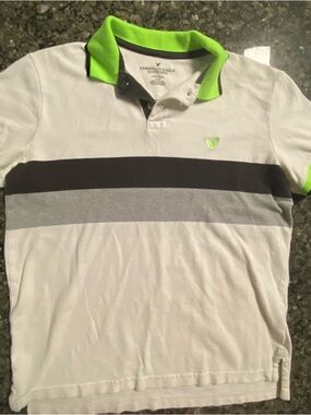 American Eagle Outfitters White Polo with Neon Green Collar and Gray Stripe
